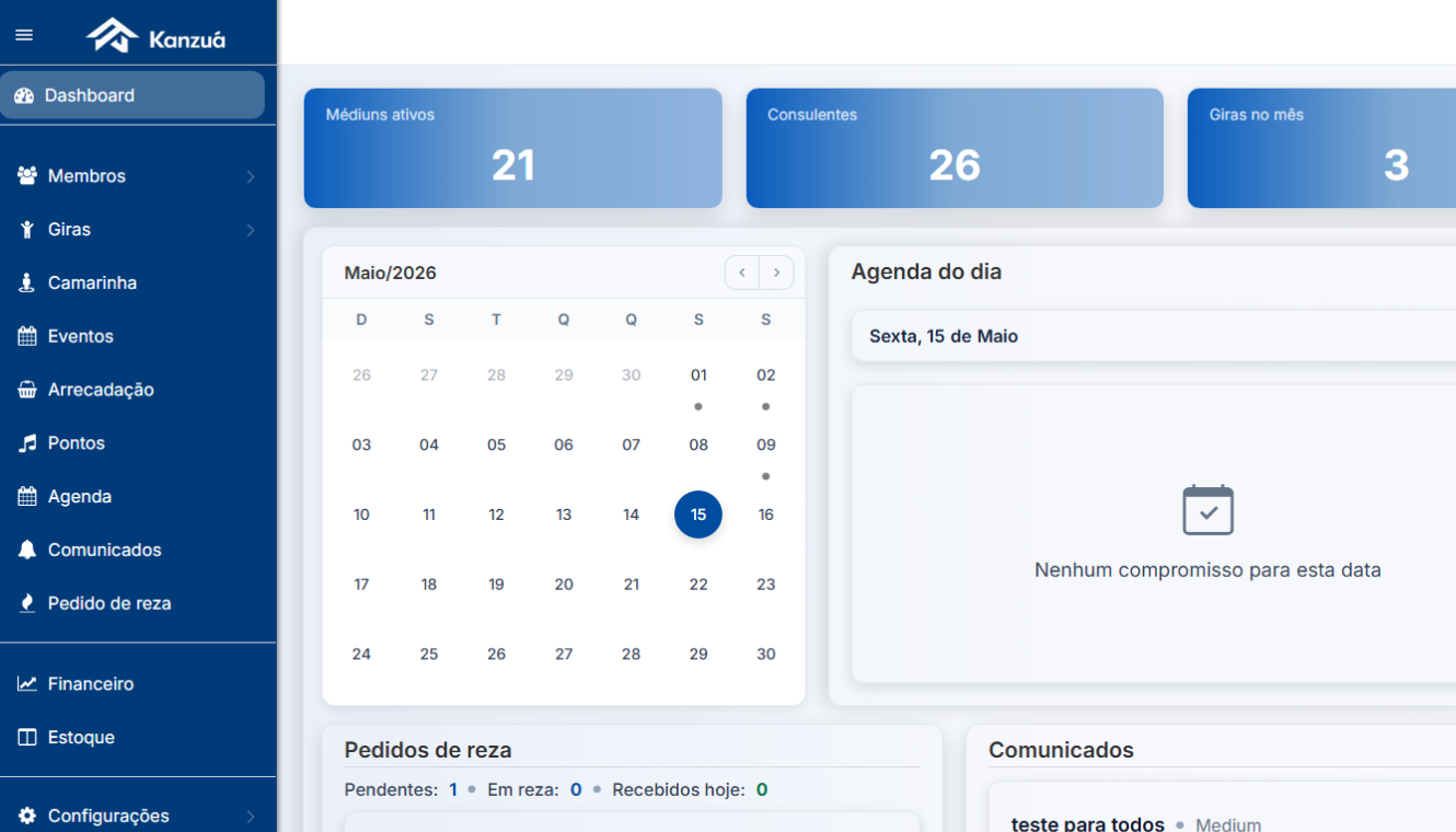 Dashboard da plataforma Kanzuá para gestão de casas de axé
