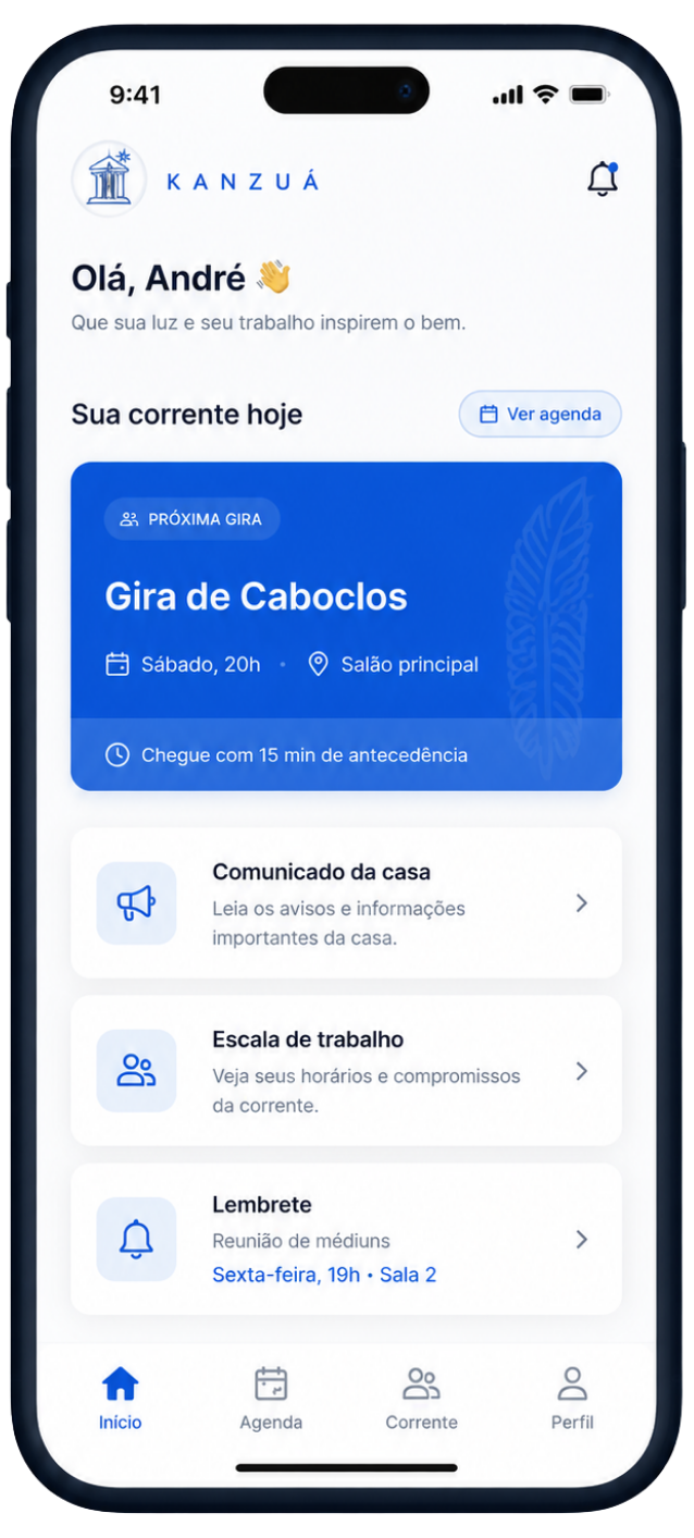 Aplicativo Kanzuá para médiuns acompanharem agenda e comunicados