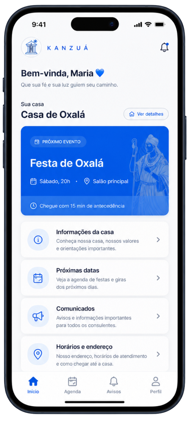 Aplicativo Kanzuá para consulentes acompanharem eventos e informações da casa