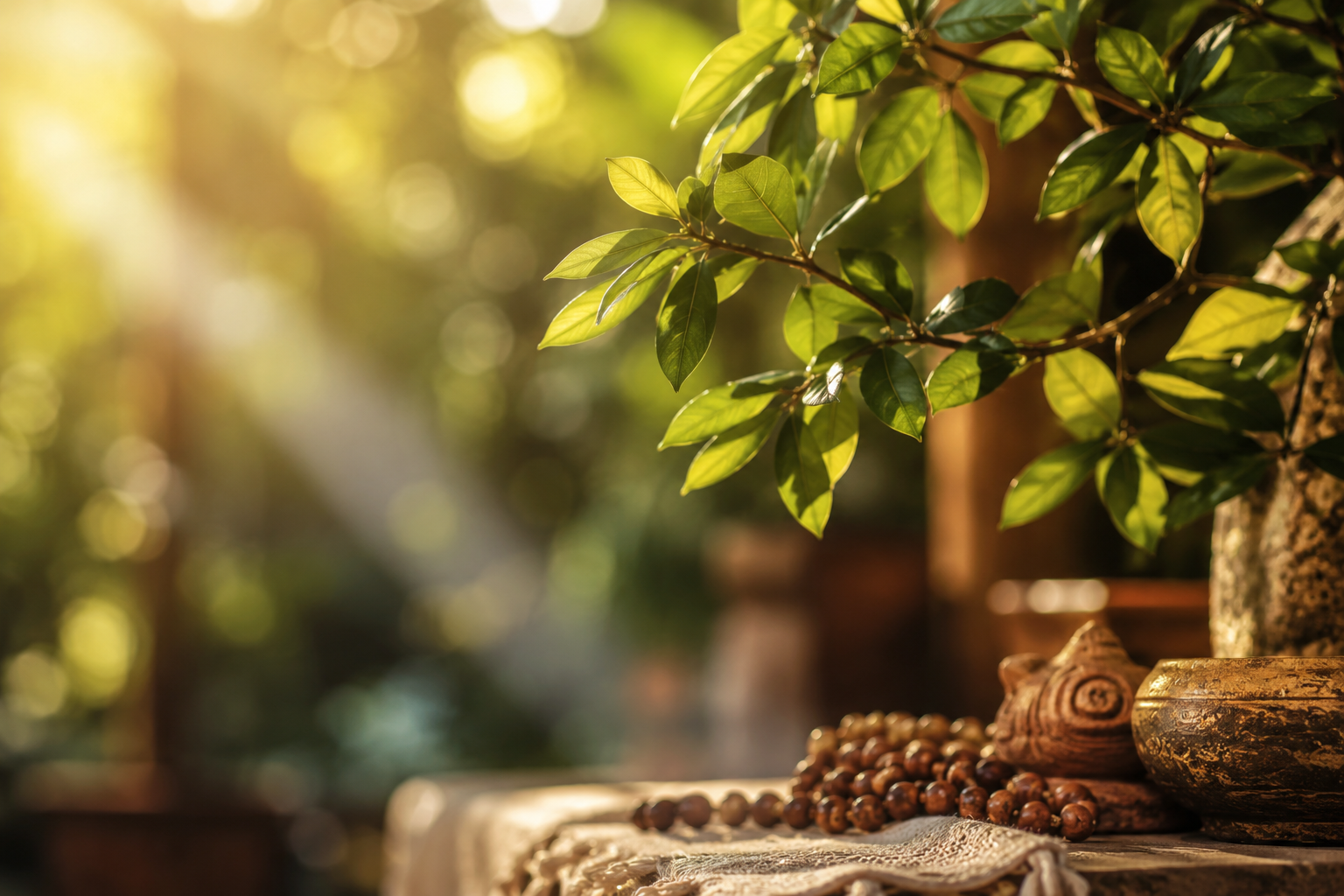 Elementos simbólicos de tradição espiritual com folhas e luz natural